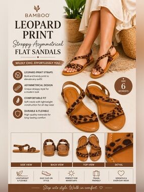 Bamboo Leopard Print Flat Sandals Strappy Asymmetrical Size 6 Animal Print